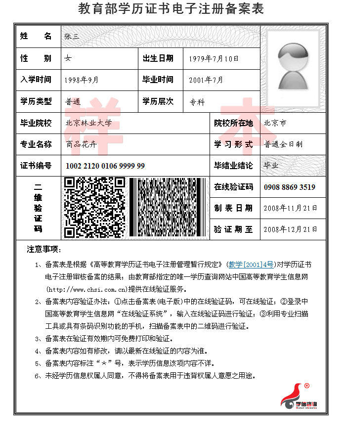 學(xué)歷證書電子注冊(cè)備案表樣本