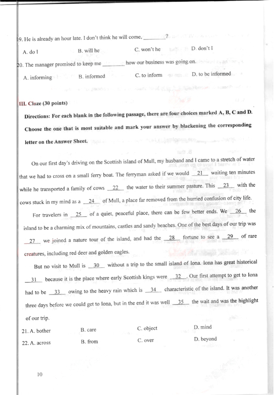 2010年成人高考專升本英語試題及答案