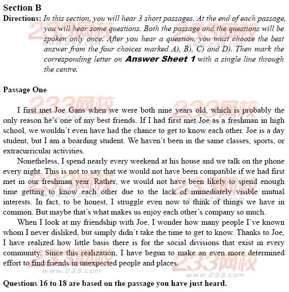 大學英語四級考試樣題及答案:聽力理解