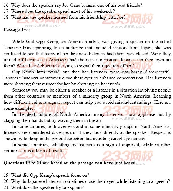 大學英語四級考試樣題及答案:聽力理解